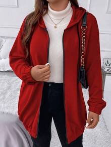 Flirla 大碼標語圖案落肩袖連帽夾克 - 紅色 - 查看 5