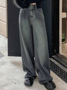 Dazy Star 高腰闊腿牛仔褲 - 中等水洗藍 - 查看 2