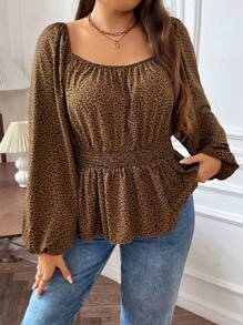 SHEIN CURVE+ Plus Leopard Print Lantern Sleeve Peplum Blouse - Multicolor - View 2