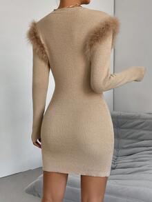 Chiquease Vestido de punto ribete lanudo tejido de canalé sin cinturón - Caqui - Ver 2