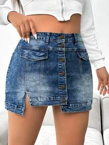 SHEIN EZwear 大碼前紐扣翻蓋細節牛仔半身裙 - 藍色 - 查看 3