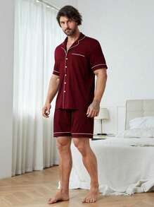 Snug Zone Men Contrast Piping PJ Set / Pajama Set - Burgundy - View 3