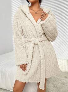 Women's Casual Knitted Apricot Thigh Length Hooded Robe With Belted Regular Sleeves For Cozy Sleepwear, For Fall & Winter