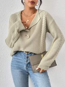 Chiquease Áo len chui đầu cổ ve áo, cài cúc phía trước, vai rớt, dệt kim kiểu cáp, thích hợp cho mùa thu đông. - Màu Khaki - Xem 3