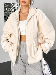 SHEIN Unity Regular Solid Color Wide Pocket Loose Plush Jacket - Beige - View 1