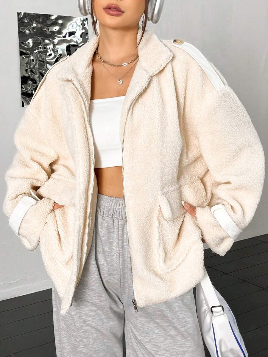 SHEIN Unity Regular Solid Color Wide Pocket Loose Plush Jacket - Beige - View 1
