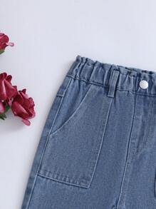 口袋 紙袋褲腰純色嬰童（女）牛仔 - 中等水洗藍 - 查看 3