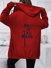 Flirla 大碼標語圖案落肩袖連帽夾克 - 紅色 - 查看 2
