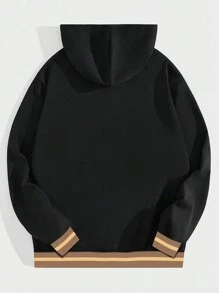 ROMWE MEN Street Life 男士火和字母圖案拉鏈開襟抽繩加絨內裏連帽衫 - 黑色 - 查看 2