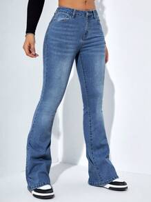 SHEIN ICON Moustache Effect Flare Leg Jeans - Dark Wash - View 6