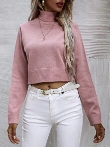 SHEIN LUNE High Neck Solid Sweater - Pink - View 6