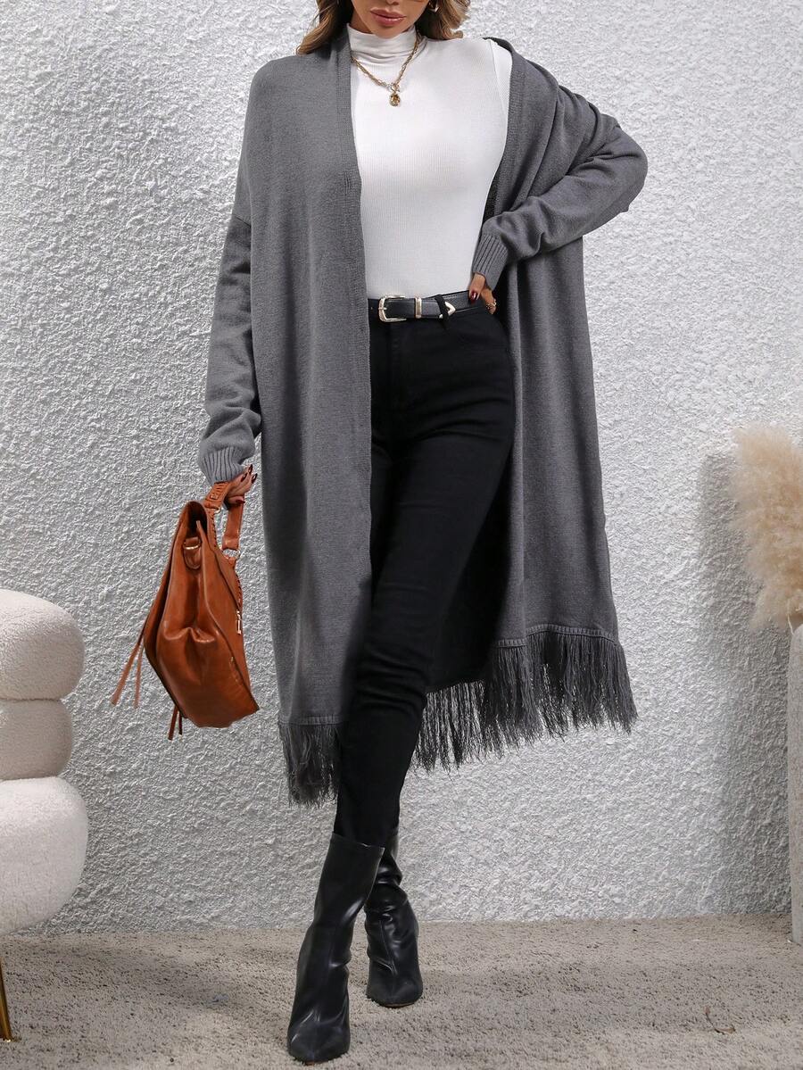EMERY ROSE Fringe Hem Drop Shoulder Cardigan - Dark Grey - View 1