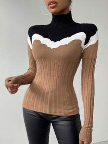 SHEIN Unity Khối màu Cổ cao Áo len - màu đen - Xem 4