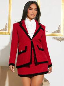 SHEIN SXY Viền tương phản Cổ áo Chi tiết về Flap Tweed Áo khoác - Đỏ - Xem 6