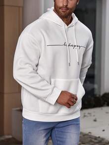 Manfinity Men Plus Letter Graphic Kangaroo Pocket Drawstring Hoodie - White - View 4