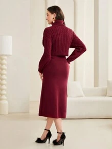 Mulvari 勃艮第红色高领粗针织毛衣和毛衣连衣裙 - 酒紅色 - 查看 2