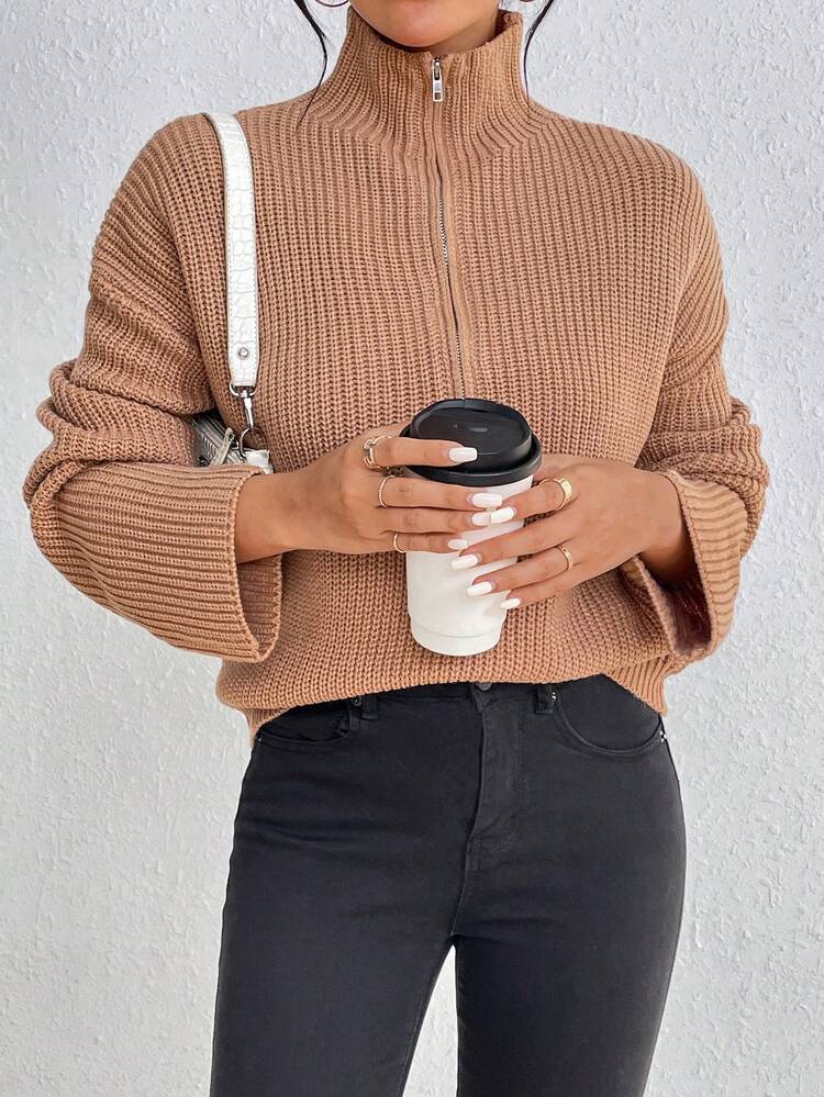 SHEIN Unity Half Zip Drop Shoulder Sweater - Khaki - View 5