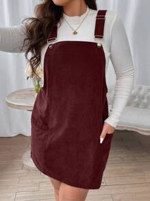 SHEIN CURVE+ Plus Solid Overall Dress Without Tee - Burgundy - View 5