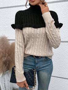 SHEIN Essnce Two Tone Turtleneck Ruffle Trim Cable Knit 2 In 1 Sweater - Multicolor - View 4