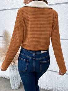 SHEIN LUNE Cổ áo Lót Teddy Áo Jacket Crop - Cà phê nâu - Xem 2