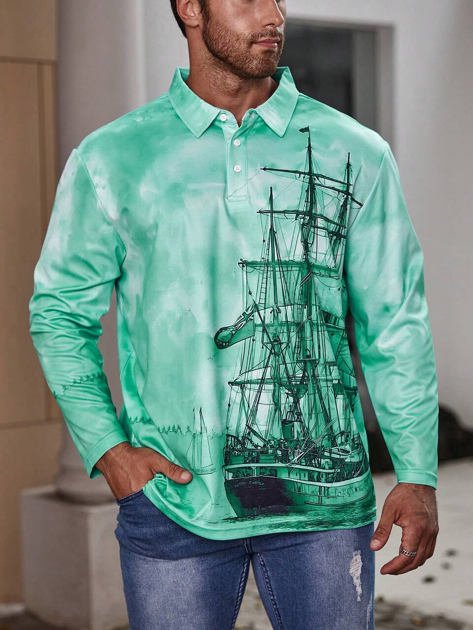 Men Plus Sailboat Print Tie Dye Polo Shirt