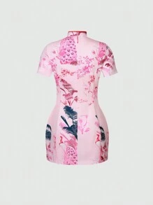 Sweetra Floral Print Contrast Piping Bodycon Chinese Dress - Pink - View 2