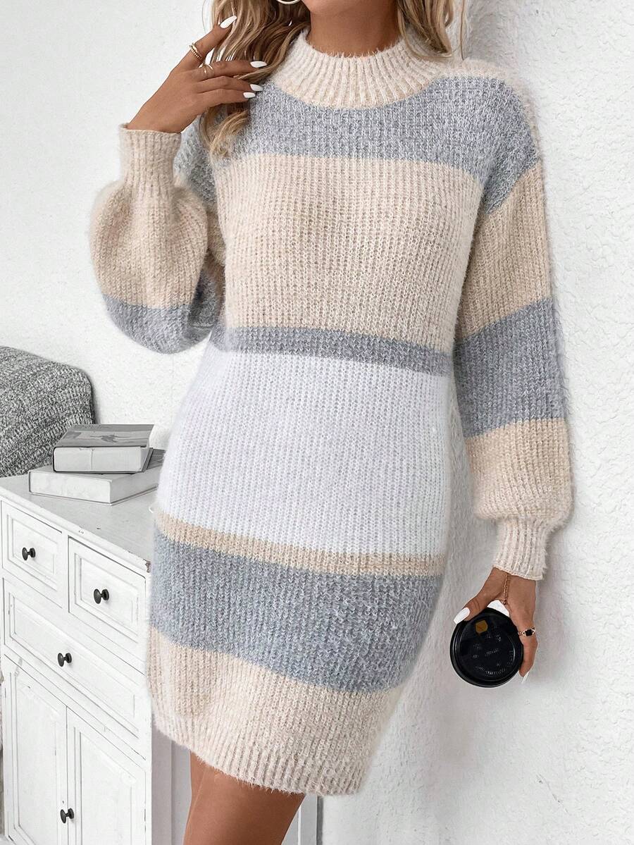 SHEIN Essnce Color Block Drop Shoulder Sweater Dress Without Belt - Multicolor - View 1