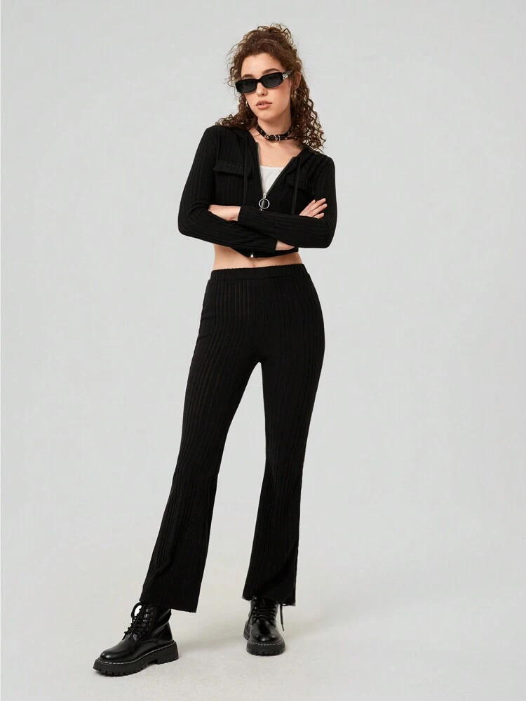 Women's Zipper Closure Drawstring Jacket And Flare Pants Two Piece Set