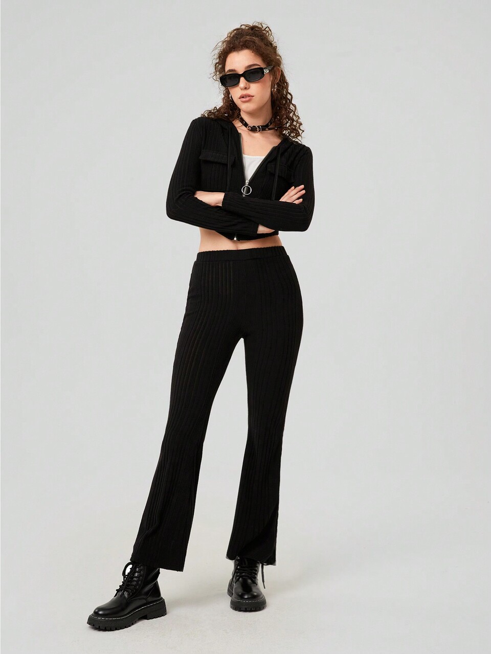 Women's Zipper Closure Drawstring Jacket And Flare Pants Two Piece Set