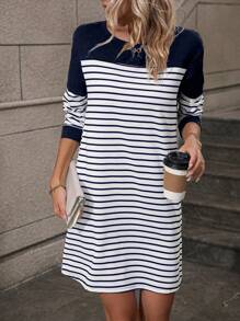 SHEIN LUNE In sọc Váy áo thun - Xanh và trắng - Xem 1