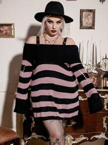 Calvaya Plus Striped Pattern Cold Shoulder Ripped Detail Sweater Knit Pullover Fall Winter Sweater - Pink - View 3