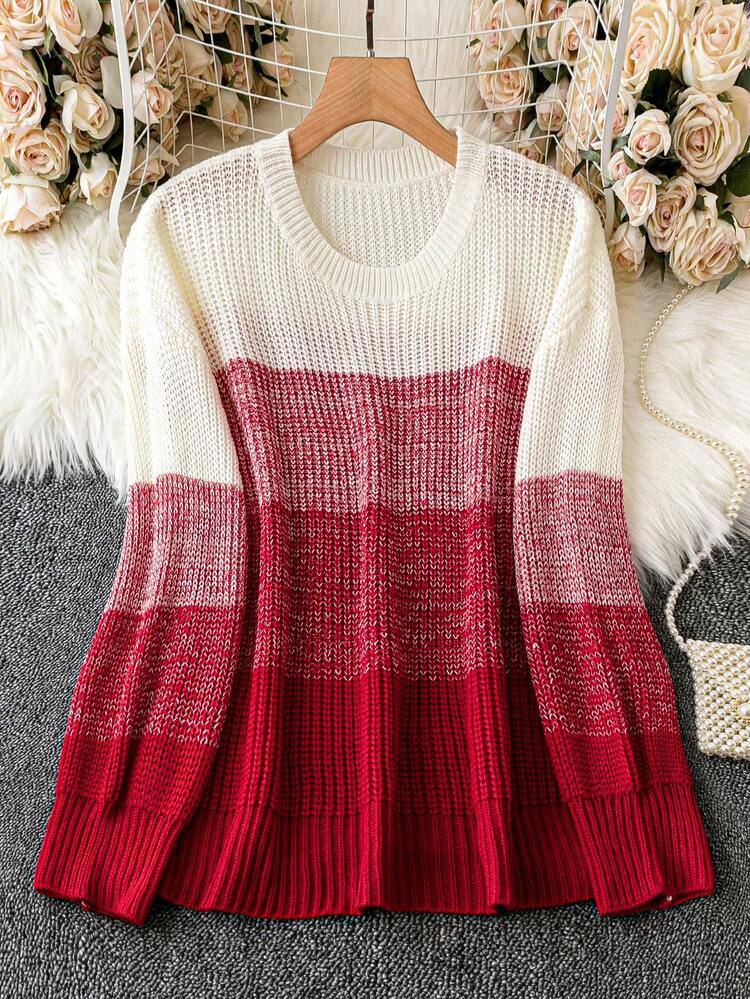 Plus Color Block Drop Shoulder Sweater Knit Pullover Fall Winter Sweater