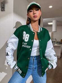StreetHx Star & Letter Graphic Two Tone Drop Shoulder Varsity Jacket Fall Winter Cloth For Women - Multicolor - View 4