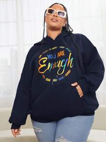 SHEIN CURVE+ 加大码字母图案袋鼠口袋落肩抽绳卫衣 - 藏蓝色 - 查看 1