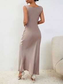 SHEIN BAE Draped Collar Split Thigh Dress - Khaki - View 2