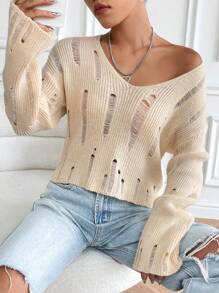 Flirla Solid Ripped Drop Shoulder Knit Pullover Fall Winter Sweater - Apricot - View 5