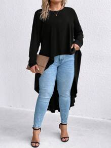 Plus Solid High Low Hem Tee - Black - View 5