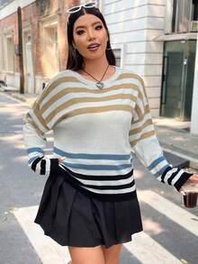 SHEIN Franclia Talla grande Jersey con patrón de rayas de hombros caídos - Multicolor - Ver 4