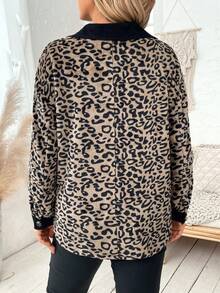 SHEIN Franclia 大碼豹紋印花落肩袖翻蓋細節拼接邊外套 - 紫紅色 - 查看 2