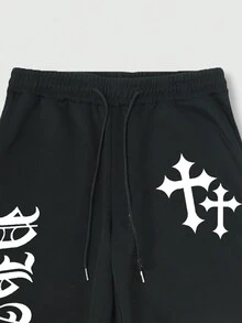 ROMWE MEN Goth 男士交叉&字母圖案腰部抽繩衛褲 - 黑色 - 查看 4