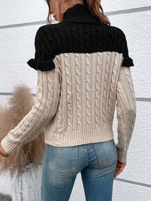 SHEIN Essnce Two Tone Turtleneck Ruffle Trim Cable Knit 2 In 1 Sweater - Multicolor - View 2