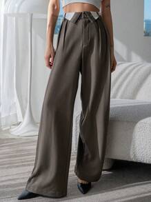 Dazy Designer Quần ống rộng túi xéo tương phản trang phục công sở - màu nâu - Xem 4