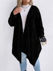 SHEIN LUNE 大碼不對稱下擺開門襟外套 - 黑色 - 查看 7