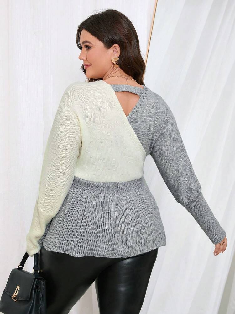 Plus Two Tone Cut Out Back Wrap Peplum Sweater