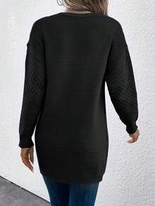 Solid Drop Shoulder Cardigan - Black - View 2