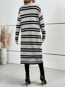 SHEIN Clasi Striped Pattern Drop Shoulder Duster Cardigan - Grey - View 2