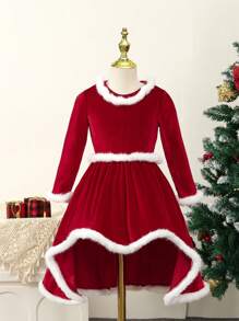 SHEIN Cô Gái Trẻ Trang trí Fuzzy Viền không đối xứng Nhung Đầm - Đỏ - Xem 1