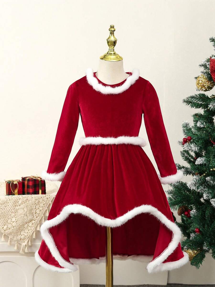 SHEIN Cô Gái Trẻ Trang trí Fuzzy Viền không đối xứng Nhung Đầm - Đỏ - Xem 1