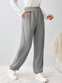 SHEIN LUNE Solid Slant Pocket Elastic Waist Sweatpants - Grey - View 1