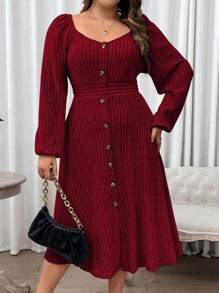 Franclia Plus Sweetheart Neck Lantern Sleeve Single Breasted Dress, Burgundy Women Outfit